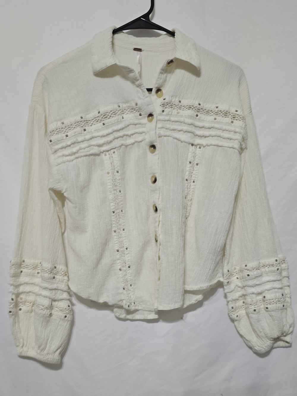 Free People Summer Stars Boho Lace Gauze Sequin Button Down Blouse Ivory